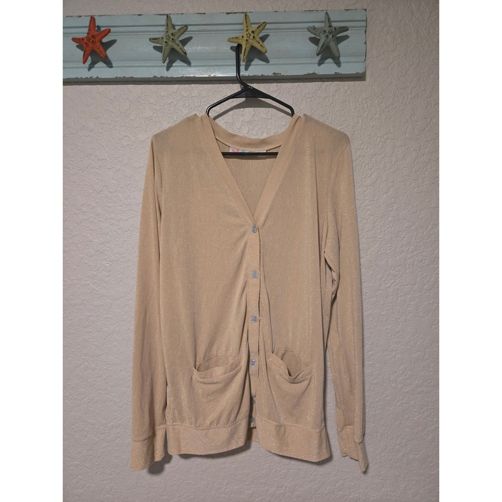 Free People FP Beach Metallic Gold Tan Button Front Cardigan Sweater Large